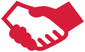 Red media relations handshake icon.