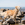 Gele hond staande op een rotsachtige kust.