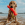 Un chien marron à la plage, dégoulinant d'eau et tenant un jouet à eau KONG orange dans sa gueule.